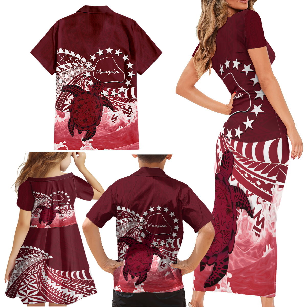 Cook Islands Mangaia Gospel Day Family Matching Short Sleeve Bodycon Dress and Hawaiian Shirt Polynesian Art With Sea Turtle LT14 - Polynesian Pride