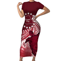 Cook Islands Mangaia Gospel Day Family Matching Short Sleeve Bodycon Dress and Hawaiian Shirt Polynesian Art With Sea Turtle LT14 Mom's Dress Maroon - Polynesian Pride