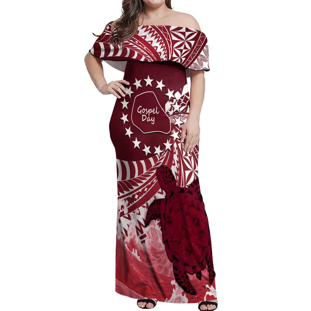 Cook Islands Mangaia Gospel Day Off Shoulder Maxi Dress Polynesian Art With Sea Turtle