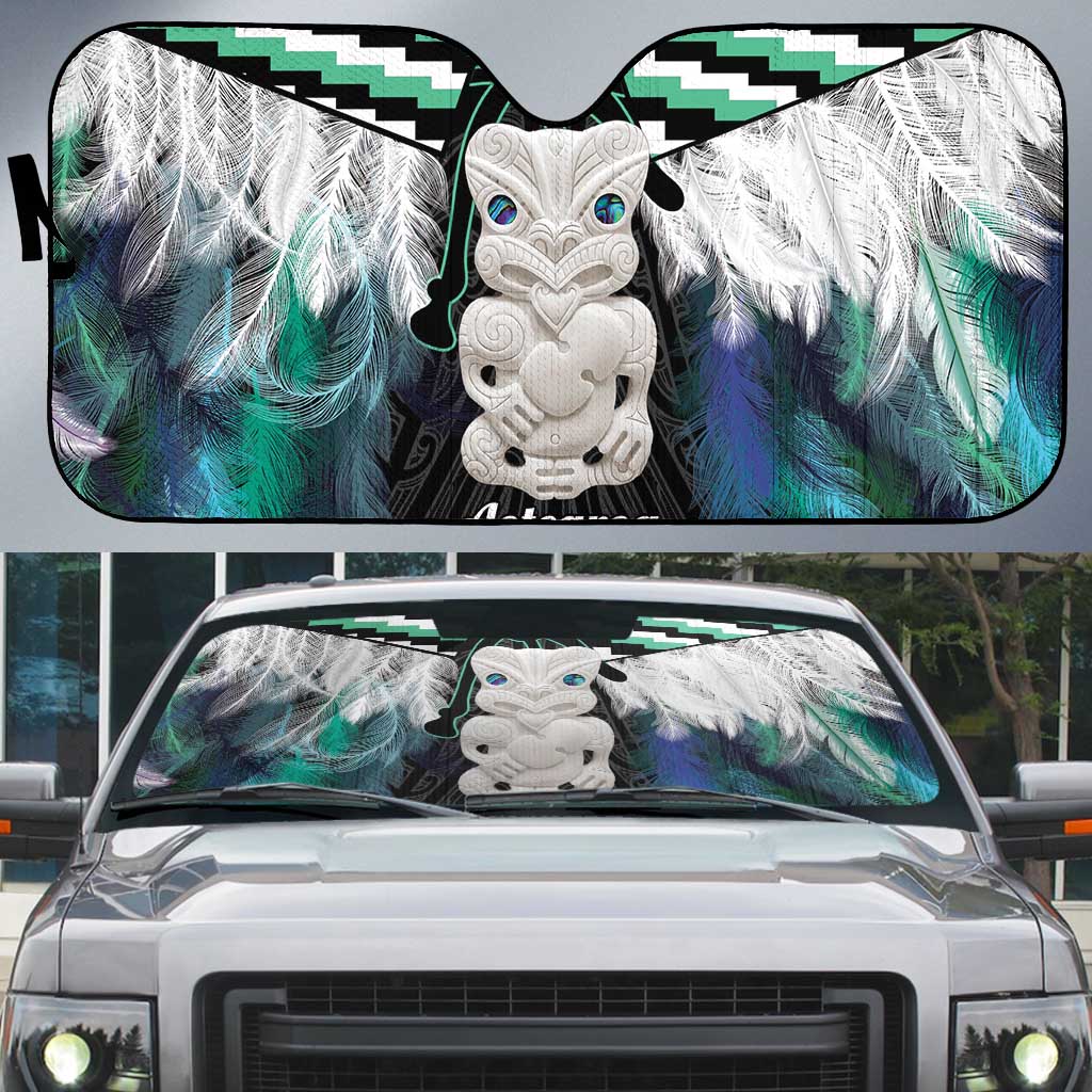 Aotearoa Korowai Motif Auto Sun Shade Hei Tiki Poutama Maori Pattern LT14 Turquoise - Polynesian Pride