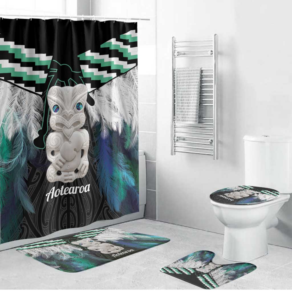 Aotearoa Korowai Motif Bathroom Set Hei Tiki Poutama Maori Pattern LT14 Bathroom Set (4 pcs) Turquoise - Polynesian Pride