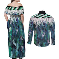 Aotearoa Korowai Motif Couples Matching Off Shoulder Maxi Dress and Long Sleeve Button Shirt Hei Tiki Poutama Maori Pattern