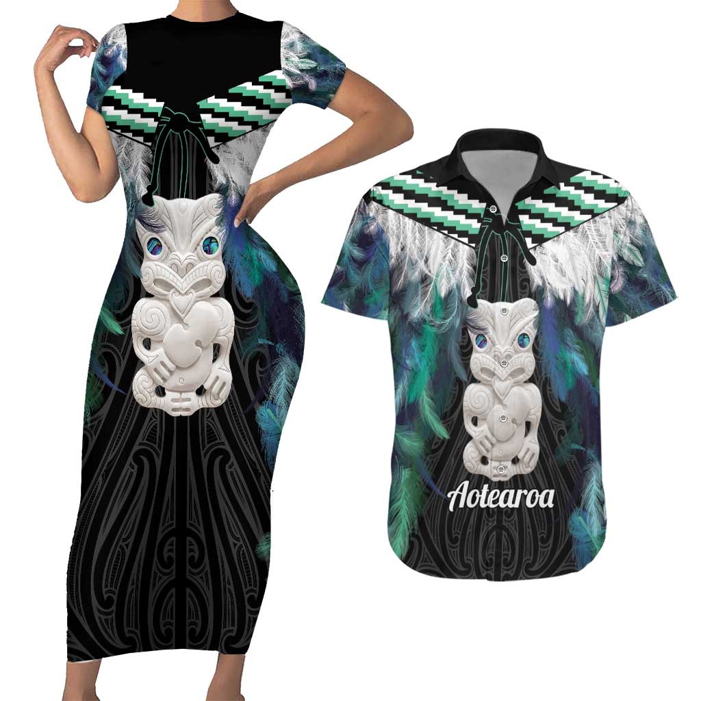 Aotearoa Korowai Motif Couples Matching Short Sleeve Bodycon Dress and Hawaiian Shirt Hei Tiki Poutama Maori Pattern LT14 Turquoise - Polynesian Pride