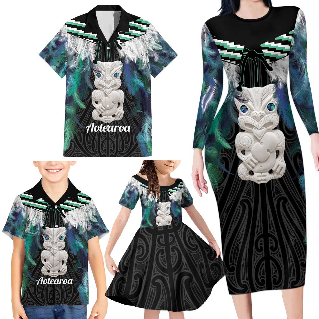 Aotearoa Korowai Motif Family Matching Long Sleeve Bodycon Dress and Hawaiian Shirt Hei Tiki Poutama Maori Pattern LT14 - Polynesian Pride