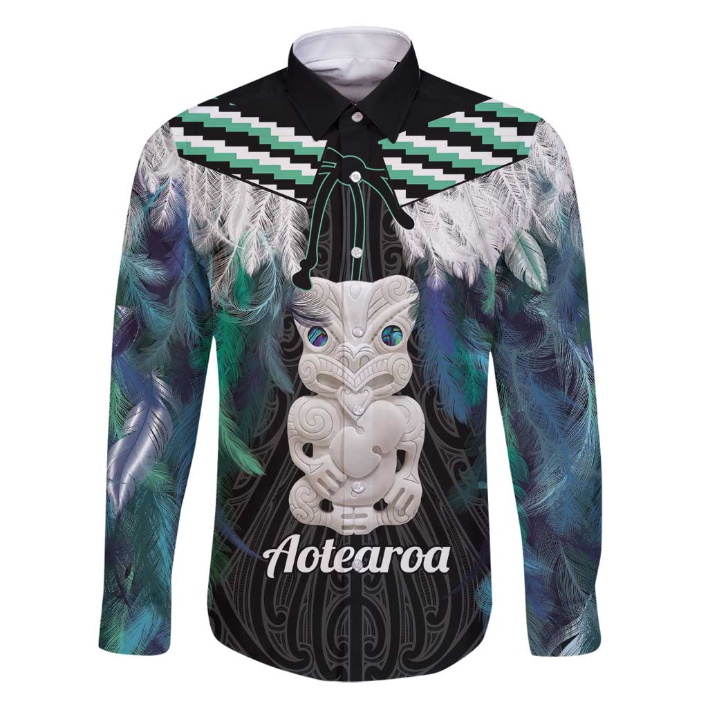 Aotearoa Korowai Motif Family Matching Mermaid Dress and Hawaiian Shirt Hei Tiki Poutama Maori Pattern LT14 Dad's Shirt - Long Sleeve Turquoise - Polynesian Pride