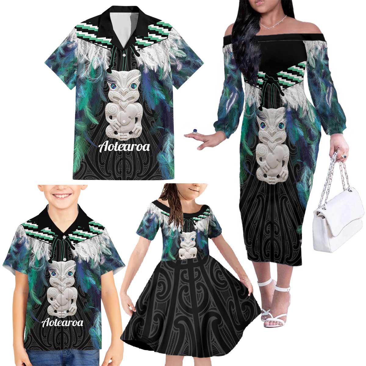 Aotearoa Korowai Motif Family Matching Off The Shoulder Long Sleeve Dress and Hawaiian Shirt Hei Tiki Poutama Maori Pattern LT14 - Polynesian Pride