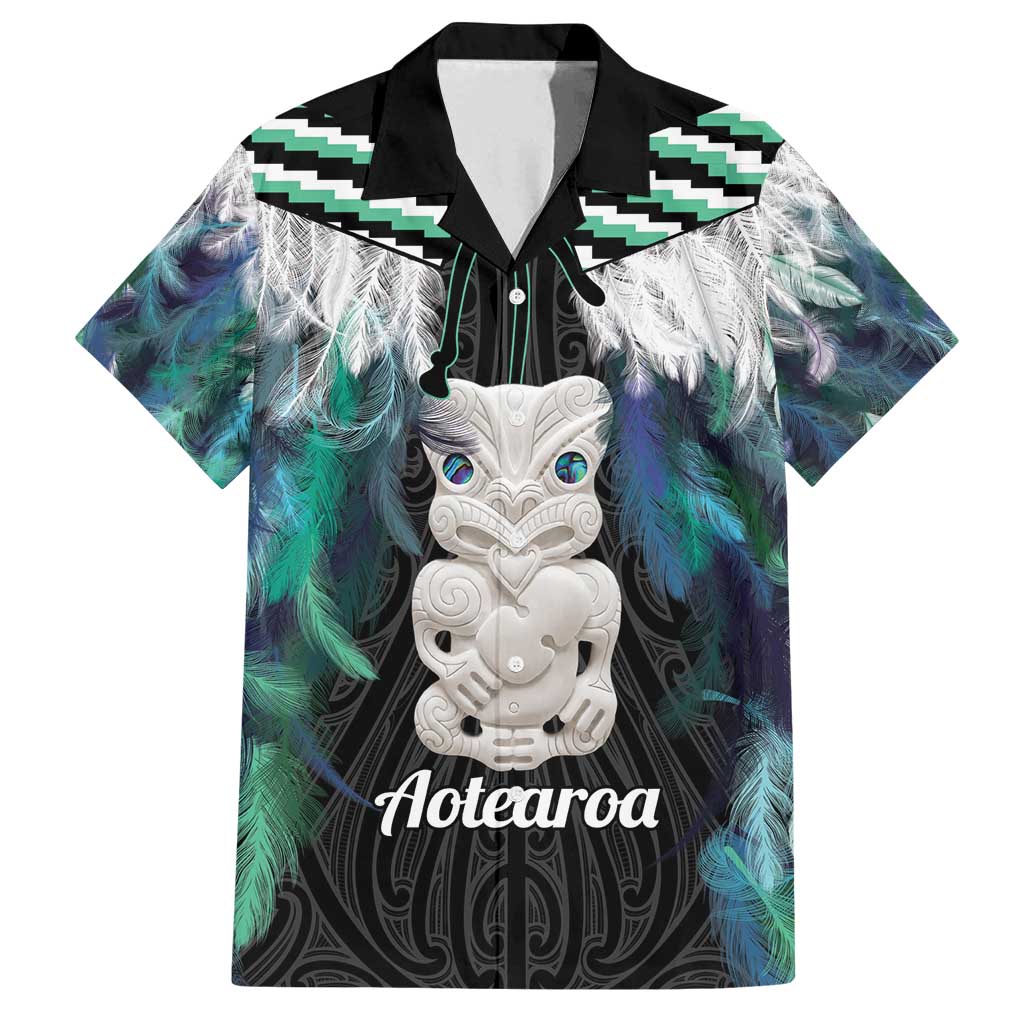 Aotearoa Korowai Motif Family Matching Off Shoulder Maxi Dress and Hawaiian Shirt Hei Tiki Poutama Maori Pattern LT14 Dad's Shirt - Short Sleeve Turquoise - Polynesian Pride
