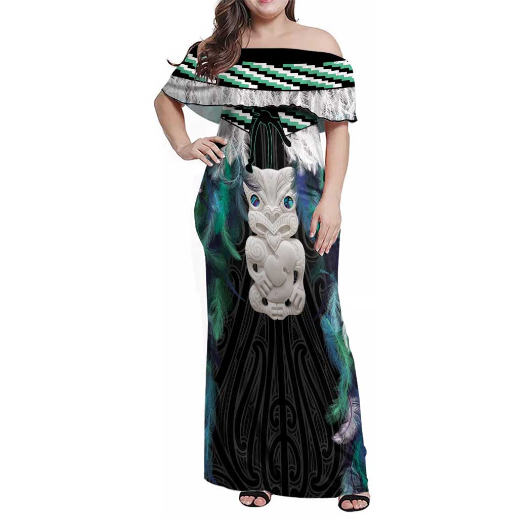 Aotearoa Korowai Motif Family Matching Off Shoulder Maxi Dress and Hawaiian Shirt Hei Tiki Poutama Maori Pattern LT14 Mom's Dress Turquoise - Polynesian Pride