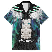 Aotearoa Korowai Motif Family Matching Off Shoulder Short Dress and Hawaiian Shirt Hei Tiki Poutama Maori Pattern LT14 Dad's Shirt - Short Sleeve Turquoise - Polynesian Pride