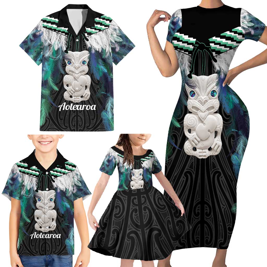 Aotearoa Korowai Motif Family Matching Short Sleeve Bodycon Dress and Hawaiian Shirt Hei Tiki Poutama Maori Pattern LT14 - Polynesian Pride