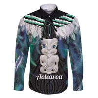 Aotearoa Korowai Motif Family Matching Summer Maxi Dress and Hawaiian Shirt Hei Tiki Poutama Maori Pattern LT14 Dad's Shirt - Long Sleeve Turquoise - Polynesian Pride
