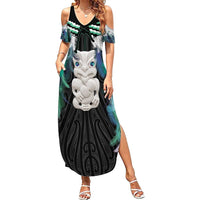 Aotearoa Korowai Motif Family Matching Summer Maxi Dress and Hawaiian Shirt Hei Tiki Poutama Maori Pattern LT14 Mom's Dress Turquoise - Polynesian Pride