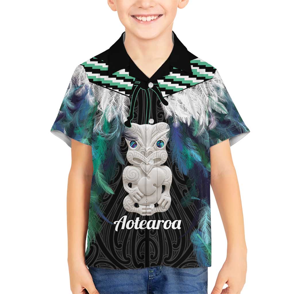 Aotearoa Korowai Motif Family Matching Tank Maxi Dress and Hawaiian Shirt Hei Tiki Poutama Maori Pattern LT14 Son's Shirt Turquoise - Polynesian Pride