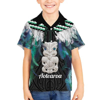 Aotearoa Korowai Motif Family Matching Tank Maxi Dress and Hawaiian Shirt Hei Tiki Poutama Maori Pattern LT14 Son's Shirt Turquoise - Polynesian Pride