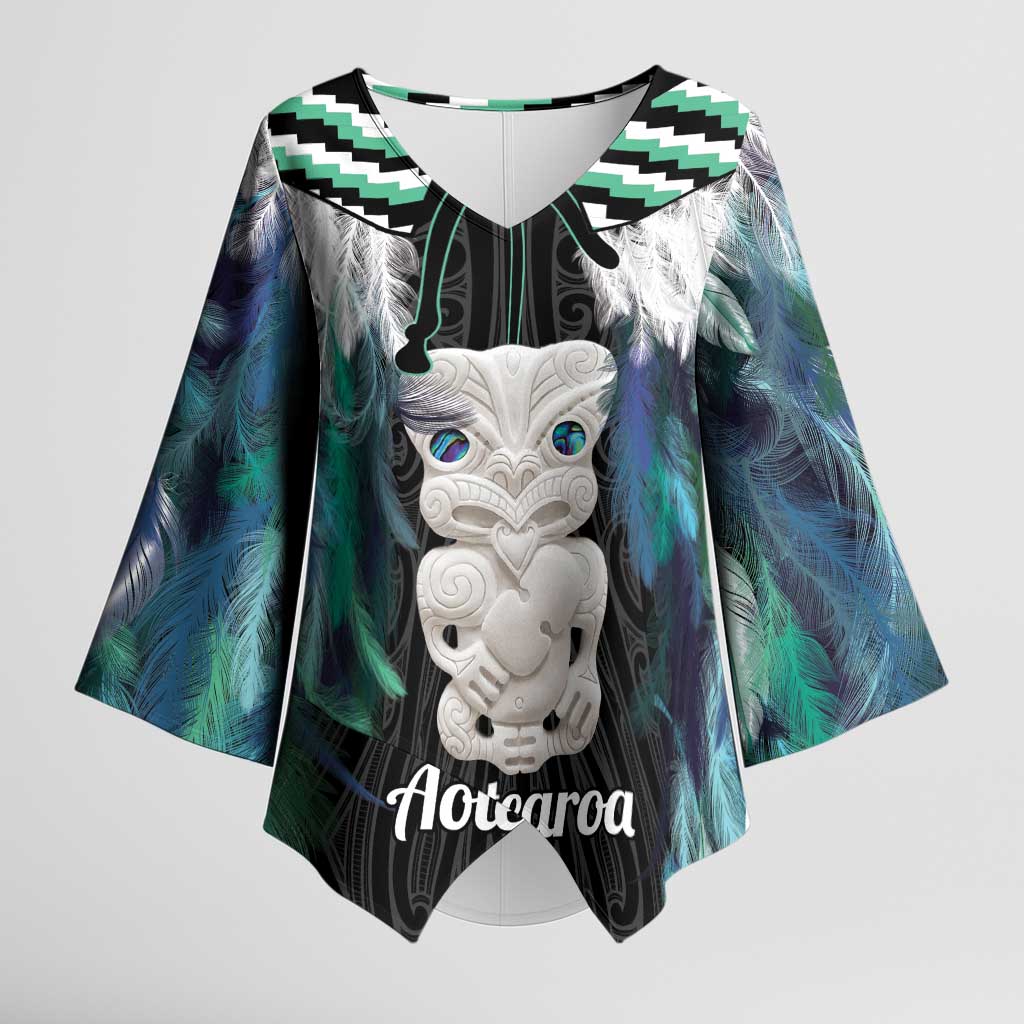 Aotearoa Korowai Motif Kimono Sleeve Blouse Hei Tiki Poutama Maori Pattern LT14 Female Turquoise - Polynesian Pride