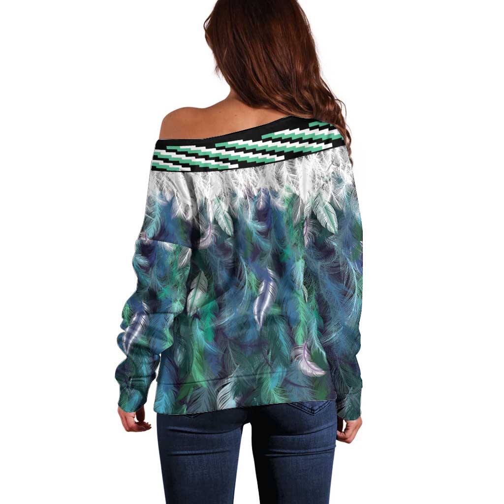 Aotearoa Korowai Motif Off Shoulder Sweater Hei Tiki Poutama Maori Pattern