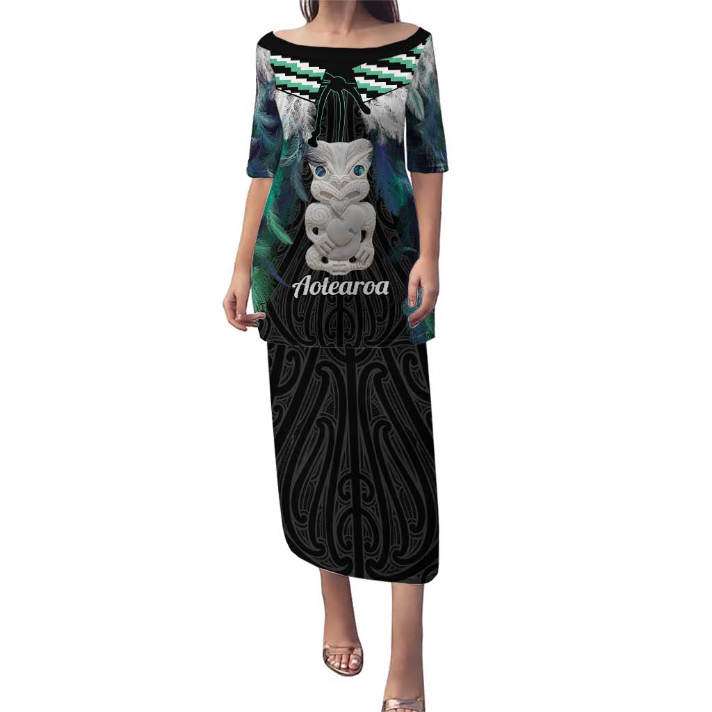 Aotearoa Korowai Motif Puletasi Hei Tiki Poutama Maori Pattern LT14 Long Dress Turquoise - Polynesian Pride