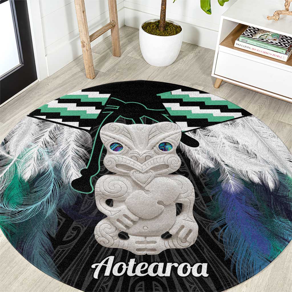 Aotearoa Korowai Motif Round Carpet Hei Tiki Poutama Maori Pattern LT14 Turquoise - Polynesian Pride
