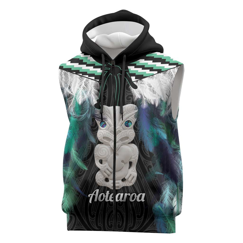 Aotearoa Korowai Motif Sleeveless Zip Hoodie Hei Tiki Poutama Maori Pattern LT14 Turquoise - Polynesian Pride