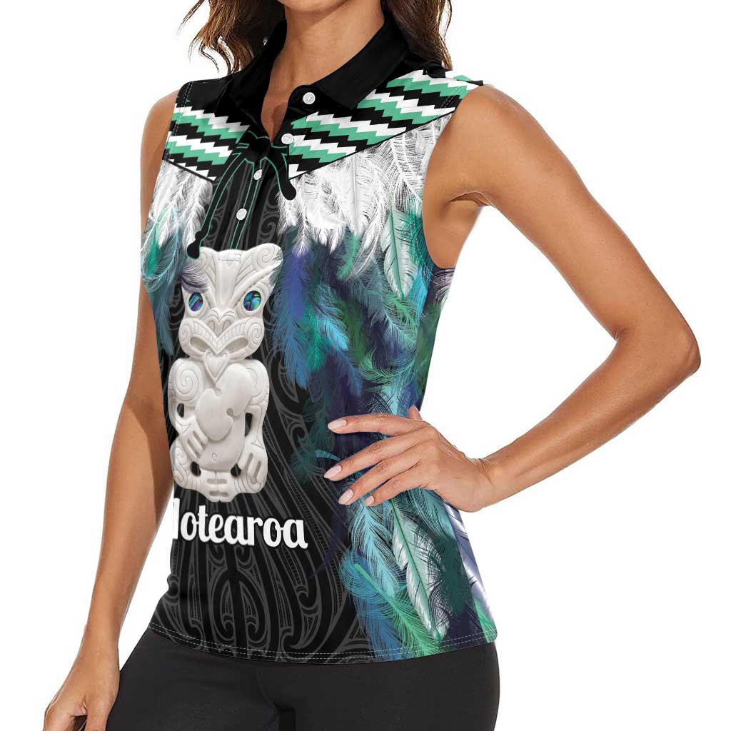 Aotearoa Korowai Motif Women Sleeveless Polo Shirt Hei Tiki Poutama Maori Pattern