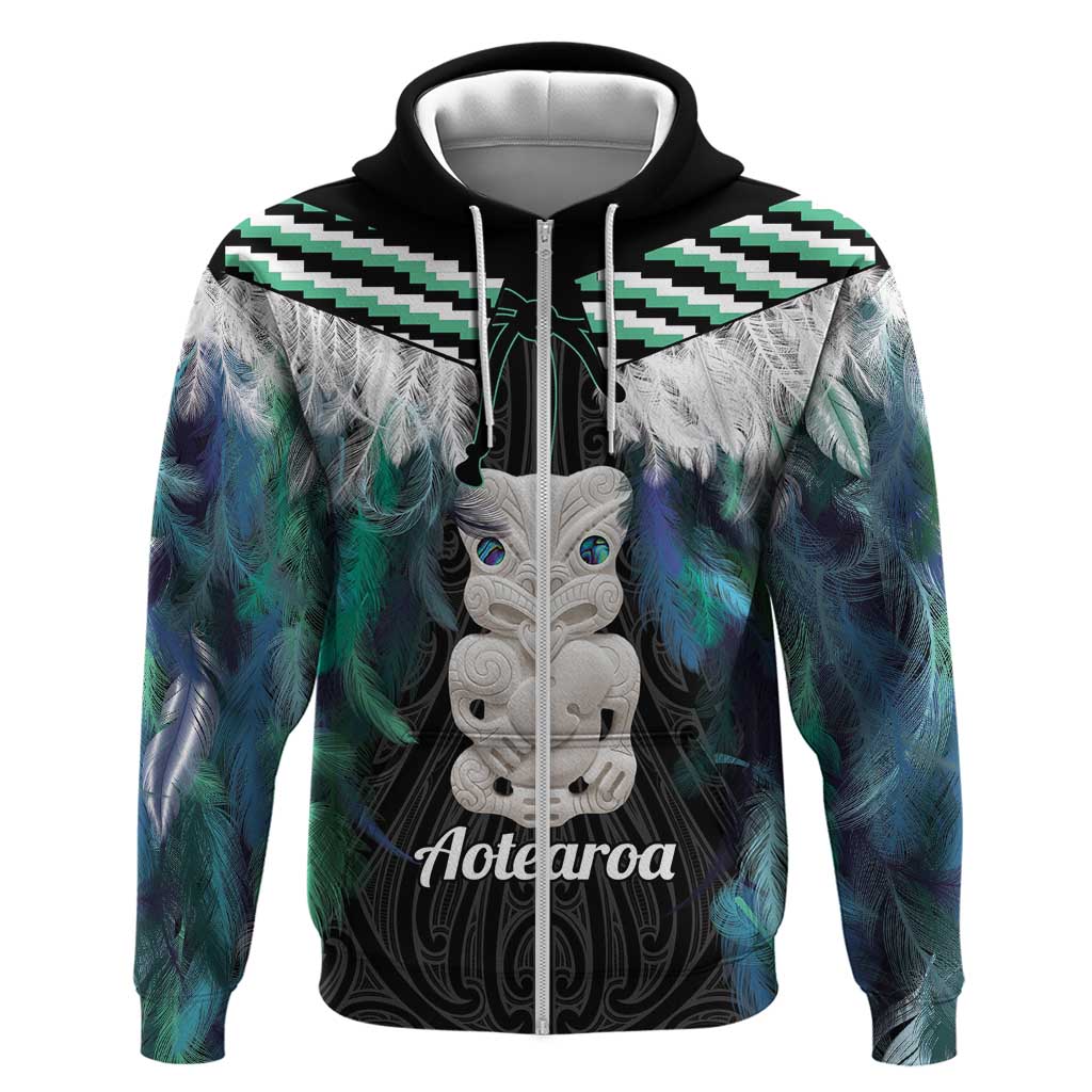 Aotearoa Korowai Motif Zip Hoodie Hei Tiki Poutama Maori Pattern LT14 Zip Hoodie Turquoise - Polynesian Pride