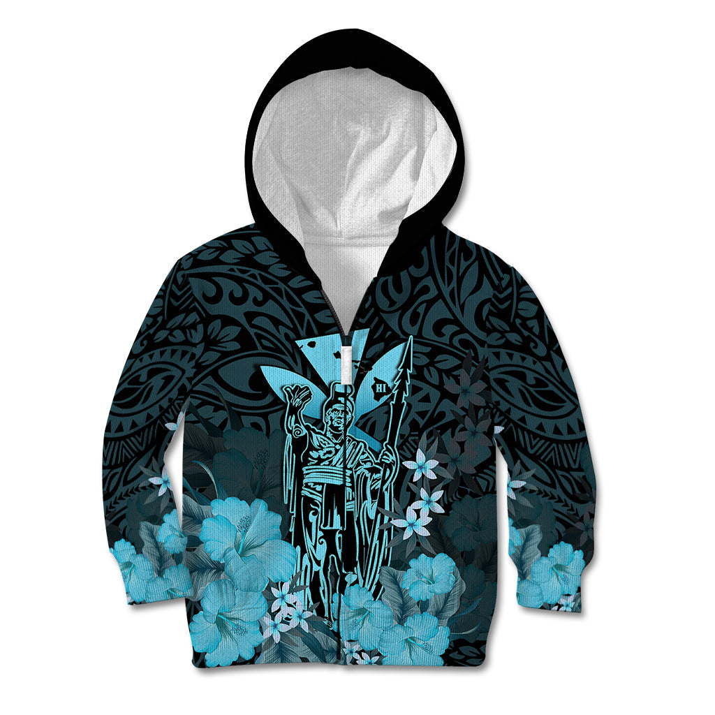 Personalised King Kamehameha Day Hawaii Kid Hoodie Polynesia Tribal Kanaka And Hibiscus Turquoise LT14 Zip Hoodie Turquoise - Polynesian Pride