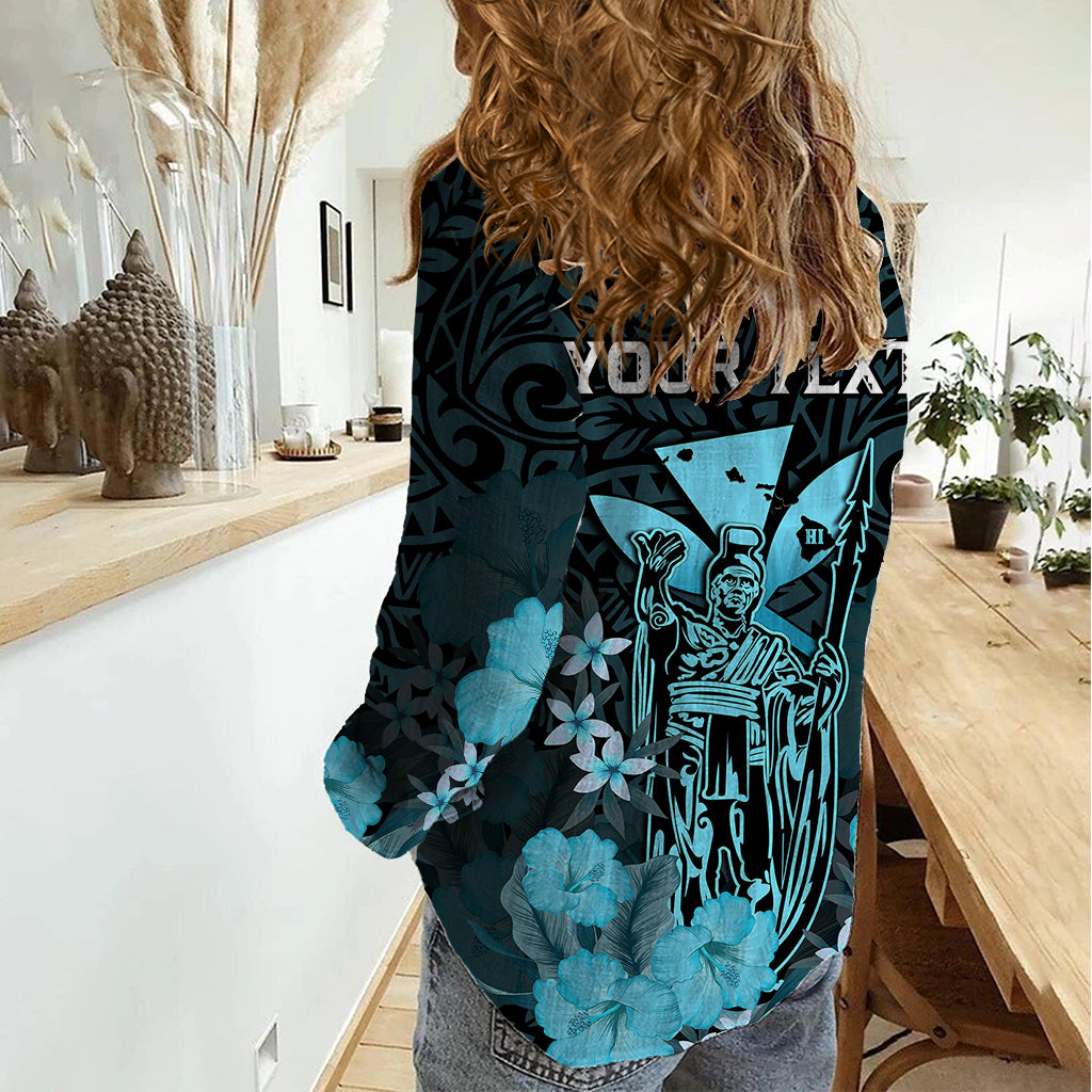 Personalised King Kamehameha Day Hawaii Women Casual Shirt Polynesia Tribal Kanaka And Hibiscus Turquoise LT14 - Polynesian Pride