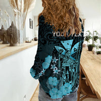 Personalised King Kamehameha Day Hawaii Women Casual Shirt Polynesia Tribal Kanaka And Hibiscus Turquoise LT14 - Polynesian Pride