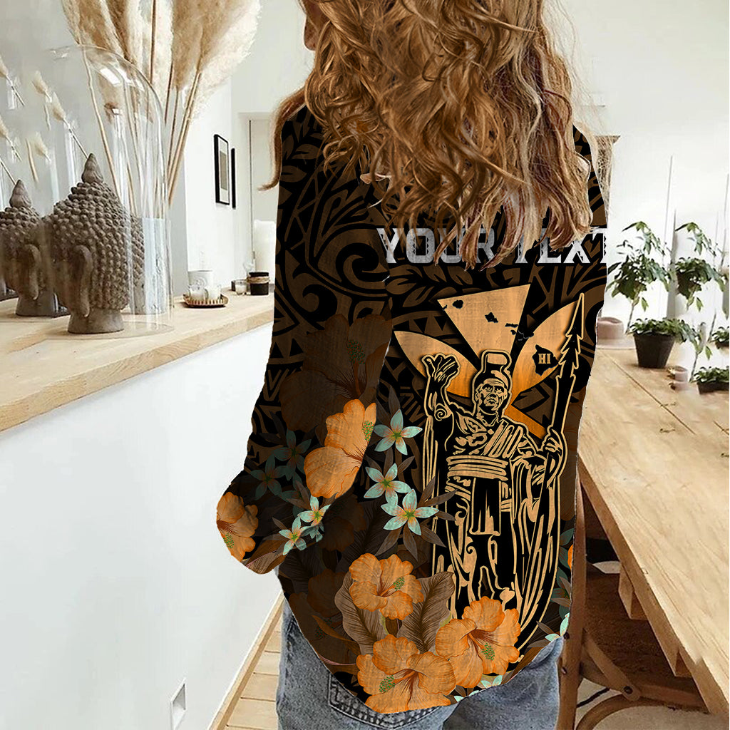 Personalised King Kamehameha Day Hawaii Women Casual Shirt Polynesia Tribal Kanaka And Hibiscus Gold LT14 - Polynesian Pride