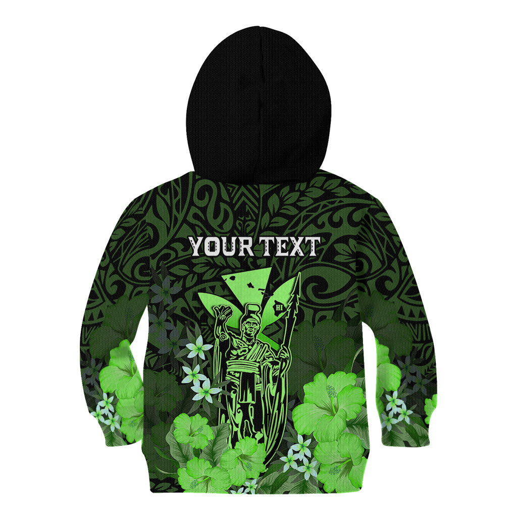 Personalised King Kamehameha Day Hawaii Kid Hoodie Polynesia Tribal Kanaka And Hibiscus Green LT14 - Polynesian Pride