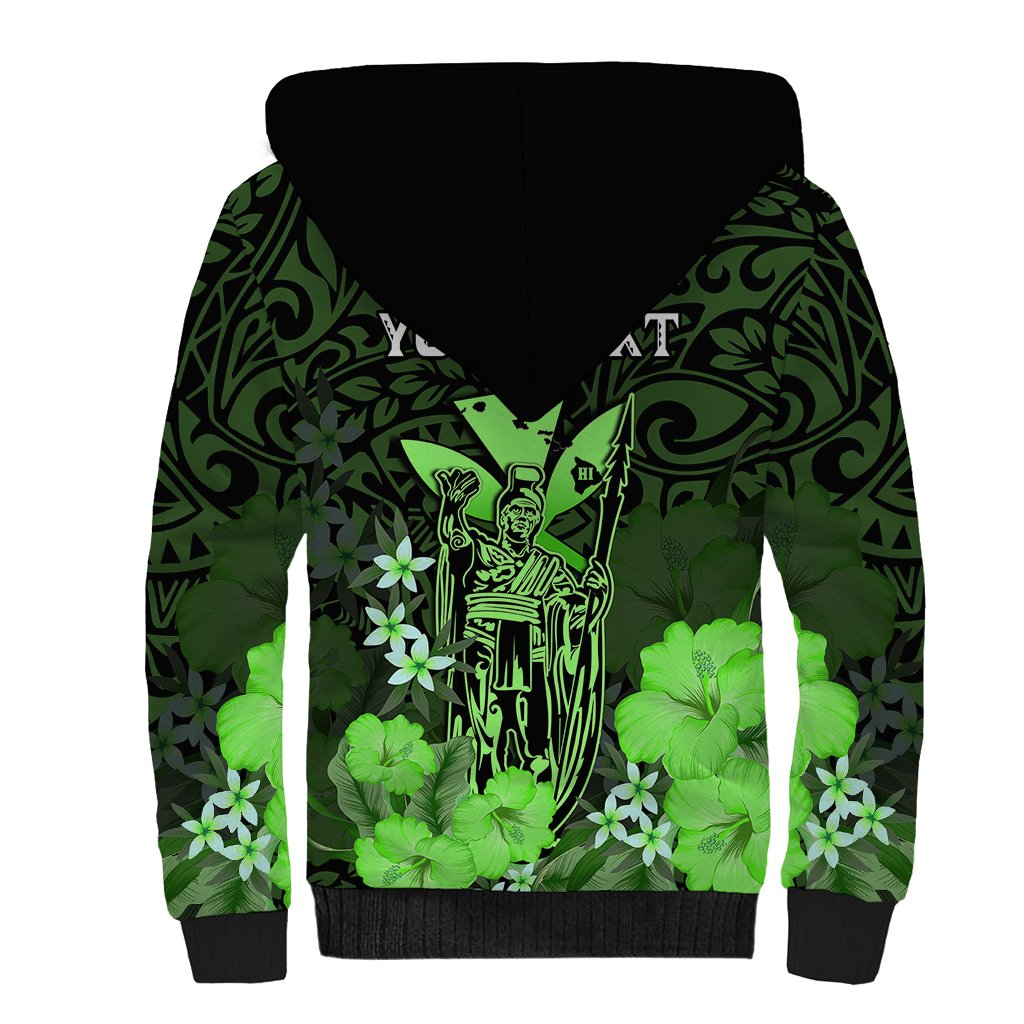 Personalised King Kamehameha Day Hawaii Sherpa Hoodie Polynesia Tribal Kanaka And Hibiscus Green LT14 - Polynesian Pride