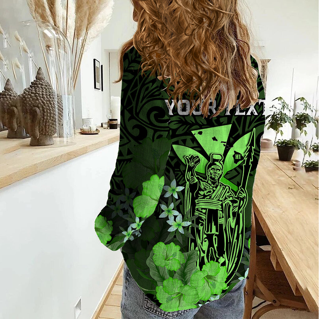 Personalised King Kamehameha Day Hawaii Women Casual Shirt Polynesia Tribal Kanaka And Hibiscus Green LT14 - Polynesian Pride