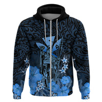 Custom King Kamehameha Day Hawaii Hoodie Polynesia Tribal Kanaka and Hibiscus Blue LT14 Zip Hoodie Blue - Polynesian Pride