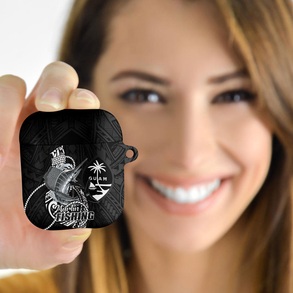 Guam Blue Marlin Fishing AirPods Case Guahan Fish Hook Tattoo Black Version