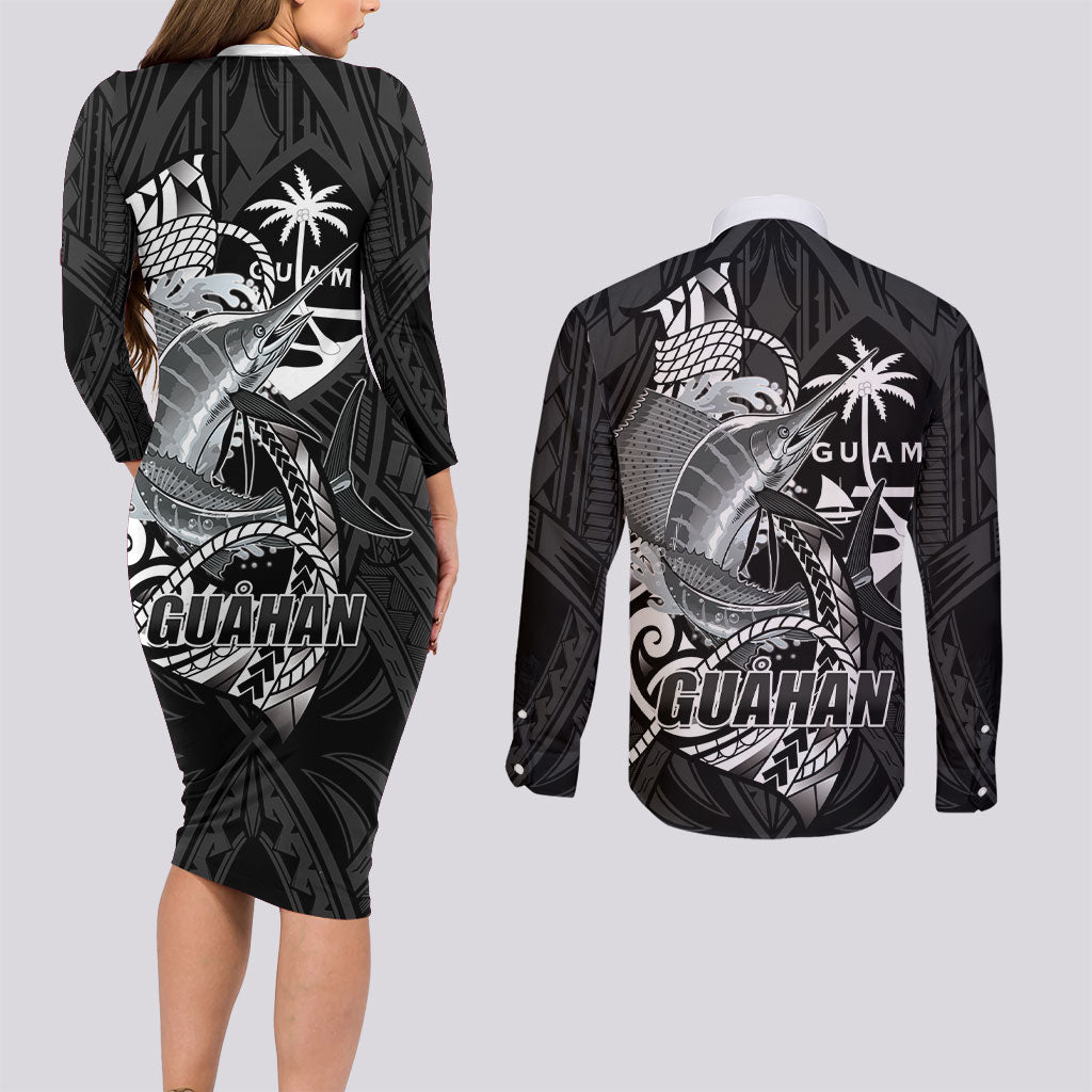 Guam Blue Marlin Fishing Couples Matching Long Sleeve Bodycon Dress and Long Sleeve Button Shirt Guahan Fish Hook Tattoo Black Version
