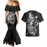 Guam Blue Marlin Fishing Couples Matching Mermaid Dress and Hawaiian Shirt Guahan Fish Hook Tattoo Black Version LT14 - Polynesian Pride