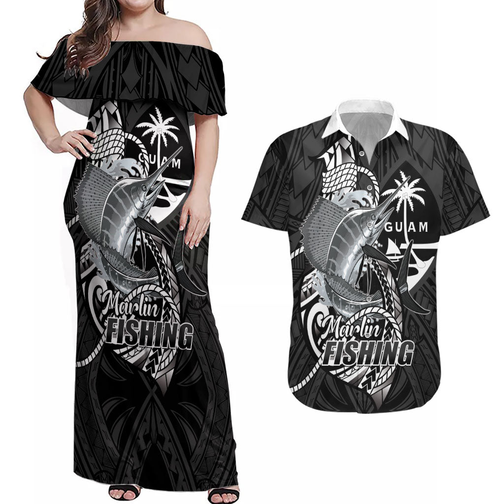 Guam Blue Marlin Fishing Couples Matching Off Shoulder Maxi Dress and Hawaiian Shirt Guahan Fish Hook Tattoo Black Version