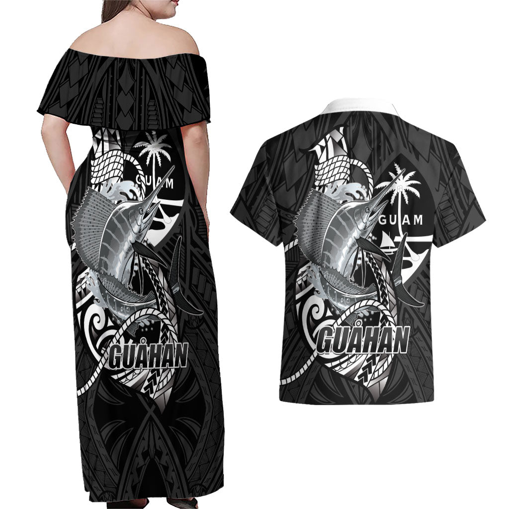 Guam Blue Marlin Fishing Couples Matching Off Shoulder Maxi Dress and Hawaiian Shirt Guahan Fish Hook Tattoo Black Version