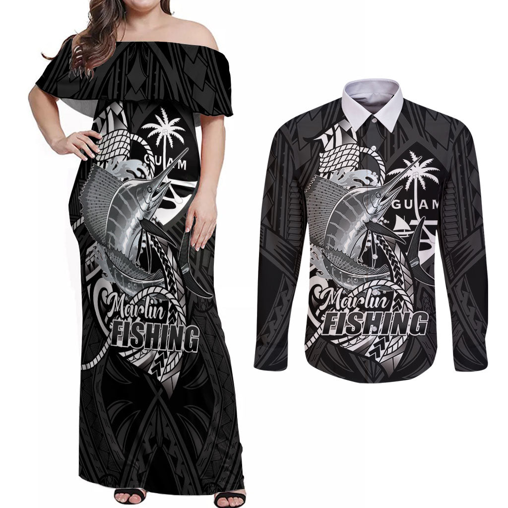 Guam Blue Marlin Fishing Couples Matching Off Shoulder Maxi Dress and Long Sleeve Button Shirt Guahan Fish Hook Tattoo Black Version