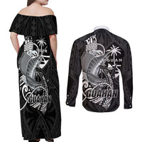 Guam Blue Marlin Fishing Couples Matching Off Shoulder Maxi Dress and Long Sleeve Button Shirt Guahan Fish Hook Tattoo Black Version