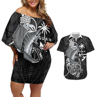 Guam Blue Marlin Fishing Couples Matching Off Shoulder Short Dress and Hawaiian Shirt Guahan Fish Hook Tattoo Black Version