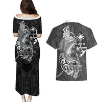 Guam Blue Marlin Fishing Couples Matching Puletasi and Hawaiian Shirt Guahan Fish Hook Tattoo Black Version