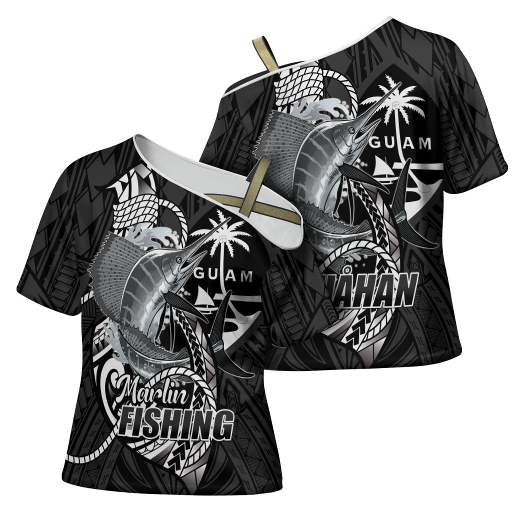 Guam Blue Marlin Fishing Cross Shoulder Shirt Guahan Fish Hook Tattoo Black Version