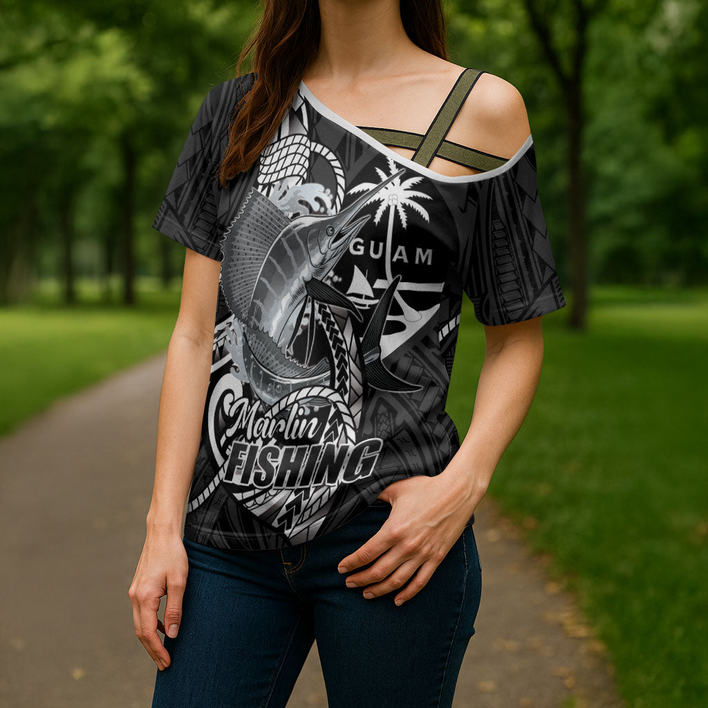 Guam Blue Marlin Fishing Cross Shoulder Shirt Guahan Fish Hook Tattoo Black Version