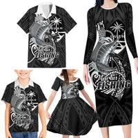 Guam Blue Marlin Fishing Family Matching Long Sleeve Bodycon Dress and Hawaiian Shirt Guahan Fish Hook Tattoo Black Version LT14 - Polynesian Pride