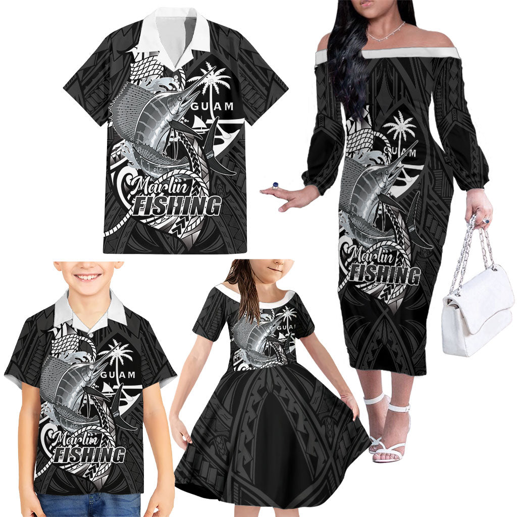 Guam Blue Marlin Fishing Family Matching Off The Shoulder Long Sleeve Dress and Hawaiian Shirt Guahan Fish Hook Tattoo Black Version LT14 - Polynesian Pride