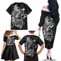 Guam Blue Marlin Fishing Family Matching Off The Shoulder Long Sleeve Dress and Hawaiian Shirt Guahan Fish Hook Tattoo Black Version LT14 - Polynesian Pride