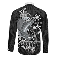 Guam Blue Marlin Fishing Family Matching Off The Shoulder Long Sleeve Dress and Hawaiian Shirt Guahan Fish Hook Tattoo Black Version LT14 - Polynesian Pride