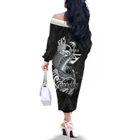 Guam Blue Marlin Fishing Family Matching Off The Shoulder Long Sleeve Dress and Hawaiian Shirt Guahan Fish Hook Tattoo Black Version LT14 - Polynesian Pride