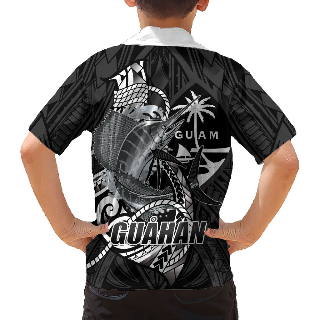 Guam Blue Marlin Fishing Family Matching Off Shoulder Maxi Dress and Hawaiian Shirt Guahan Fish Hook Tattoo Black Version LT14 - Polynesian Pride